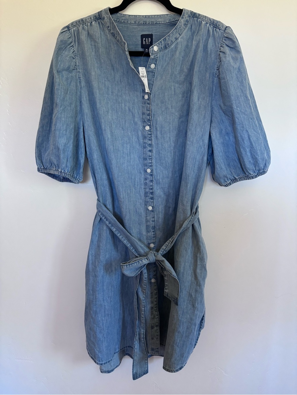 100% Cotton NWT Gap Chambray Shirt Dress Women’s XL Tie Waist Puff Sleeve |A14